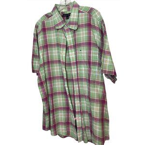 Tommy Hilfiger Mens Plaid Short Sleeve Button-Up Shirt XL Green & Purple Cotton